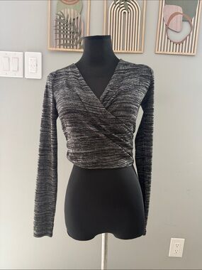 Dynamite Black Heather Wrap-Front Long Sleeve Top
